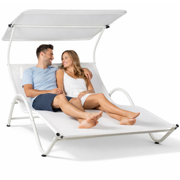 sconto Lettino Lounge 2 Posti da Esterno 200x145x135 cm Tetto Parasole Anti UV Telaio Tubolare Bianco