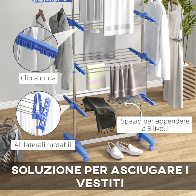 Stendino Verticale 3 Ripiani Regolabili 142x55x152 cm in Acciaio e Plastica Blu e Argento  