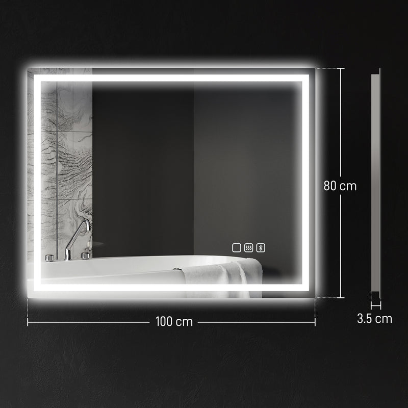Specchio Bagno da Parete LED Antiappannamento 80x100 cm Speaker Bluetooth e Pulsanti Touch in Vetro Temperato  