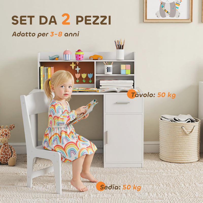 Set Scrivania e Sedia per Bambini con Scaffali Armadietto Cassetto in MDF Bianco      