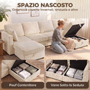 Divano Modulare a U 4 Posti 306x153x85 cm con 2 Pouf Contenitori e 4 Cuscini in Velluto a Coste Bianco Crema      