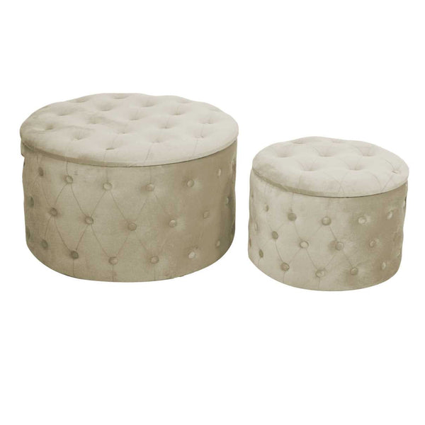 sconto Lot de 2 Poufs de Rangement Ø50 cm et Ø70 cm en Tissu Velours Crème