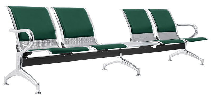 Panca per Sala Attesa 4 Posti da Ufficio con Cuscino e Tavolino in Acciaio e Similpelle Argento/Verde