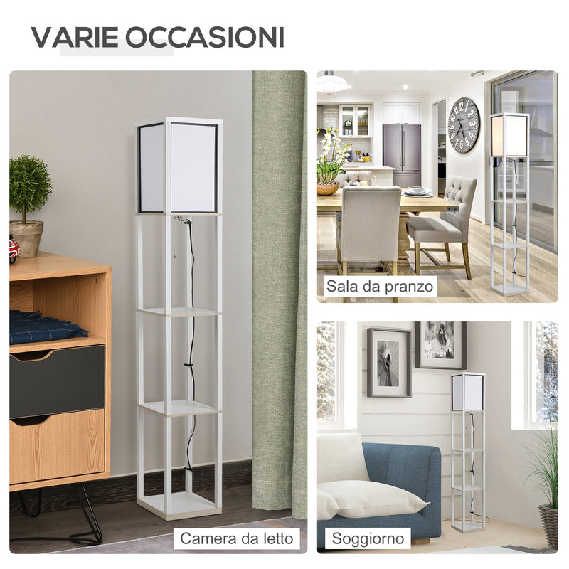Lampada da Terra con Attacco E27 26x26x160 cm con 3 Mensole e Interruttore a Pedale in MDF e Tessuto Bianco  