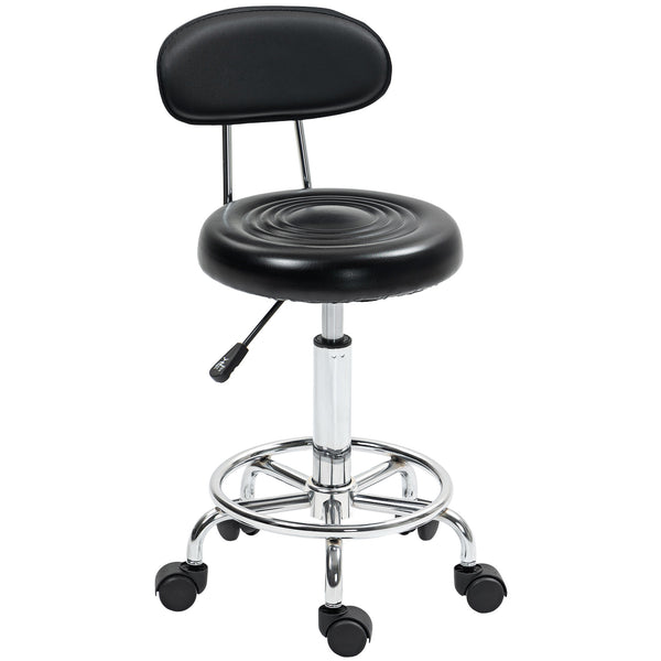 sconto Sgabello Regolabile Girevole a 360° con Schienale 32x40x70-86 cm Ruote e Poggiapiedi in Acciaio Finta pelle e Schiuma Nero
