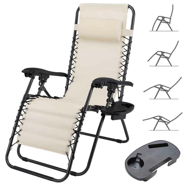 sconto Sedia Sdraio Lettino da Giardino a Gravità Zero Pieghevole con Vassoio in Acciaio e Texilene Beige