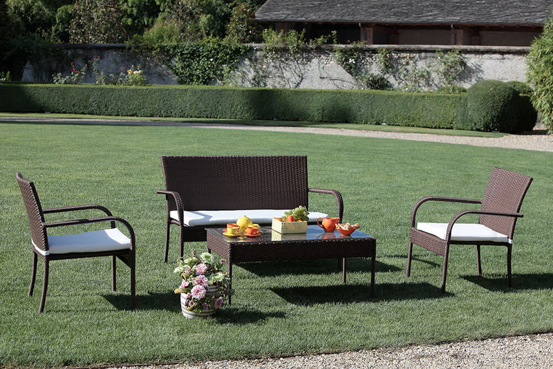 Set Salotto da Giardino Tavolino Divano 2 Sedie in Polyrattan con Cuscini Melbourne Bianco