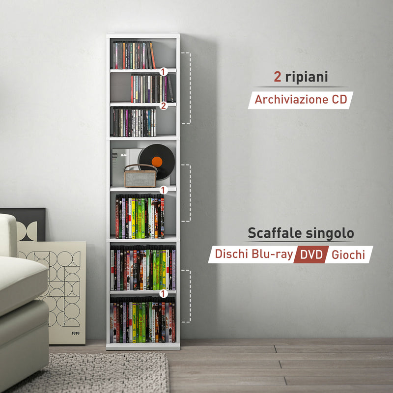 Libreria Scaffale Porta CD 33x24x140 cm con 6 Ripiani Regolabili Capacità di 260 CD/120 DVD Bianco      
