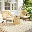Set 3 Pezzi da Pranzo Bistrò con 2 Sedie Tavolo Rotondo con Piano in Vetro Temperato in Rattan e Acciaio Beige      