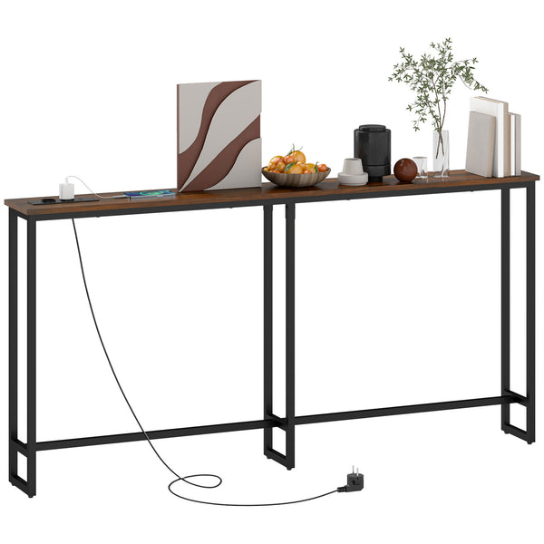 acquista Tavolo Consolle in Stile Industriale 160x20x80 cm con Stazione di Ricarica in Legno e Acciaio Marrone