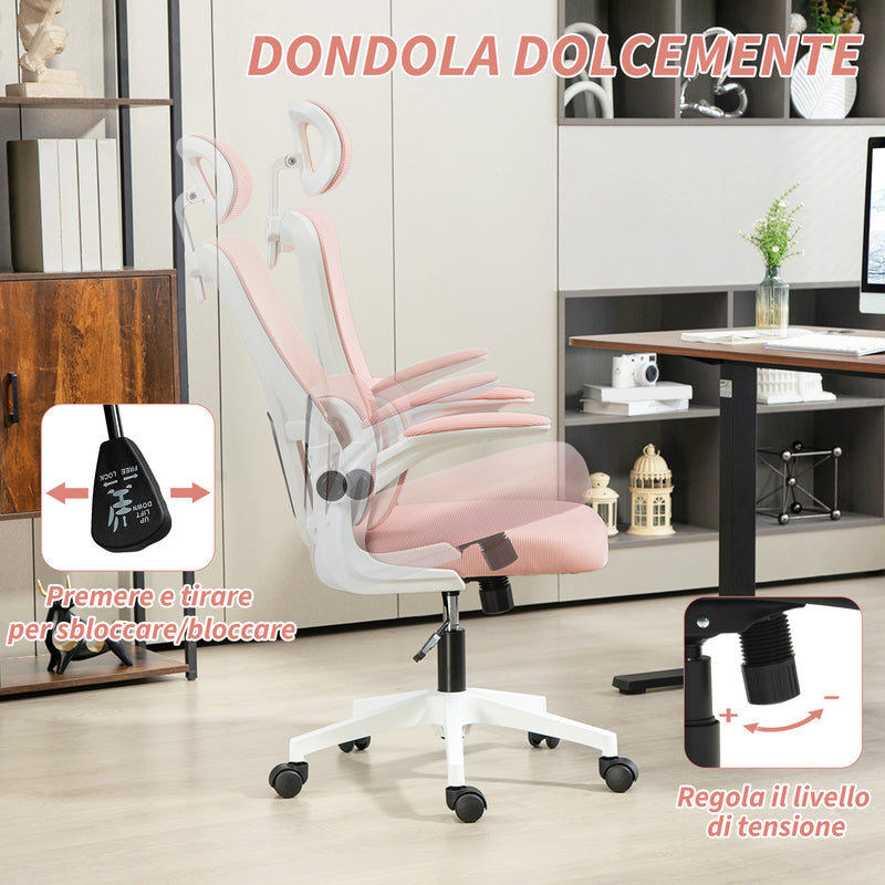 Sedia Ergonomica da Ufficio Girevole 60x59x114-122 cm con Poggiatesta Rimovibile in Tessuto a Rete Rosa  