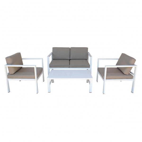 Salon de jardin canapé 2 fauteuils et table basse avec coussins en aluminium blanc sconto