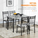 Set da Pranzo Tavolo e 4 Sedie Seduta Imbottita in Metallo e MDF Grigio e Nero