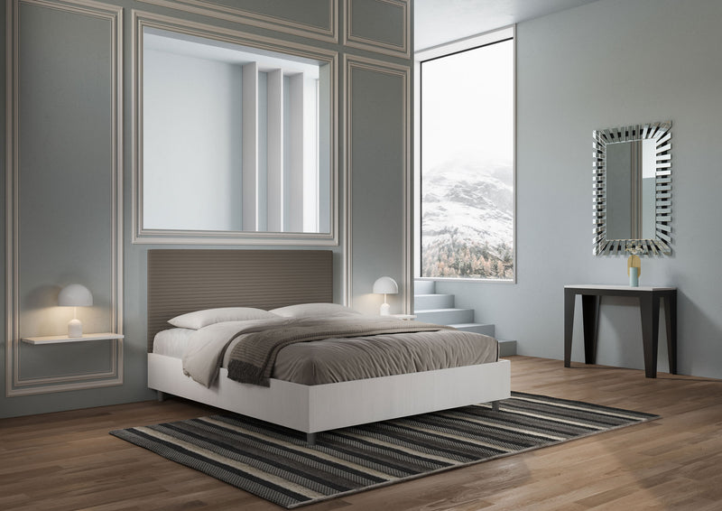 Letto Matrimoniale con Rete e Contenitore Alzata Comoda Struttura Bianco Frassico e Testata in Similpelle Level Cappuccino Varie Misure