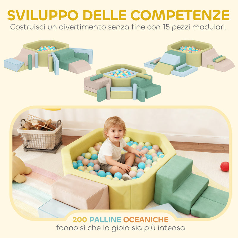 Set 15 Blocchi di Costruzioni Morbide Modulabili per Bambini con 200 Palline per Uso Interno Multicolore      
