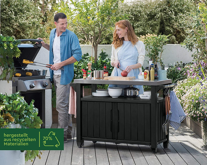 Tavolino da Giardino per Barbecue con Ruote 134x89,6x51,7 in Resina Keter Unity XL  Antracite