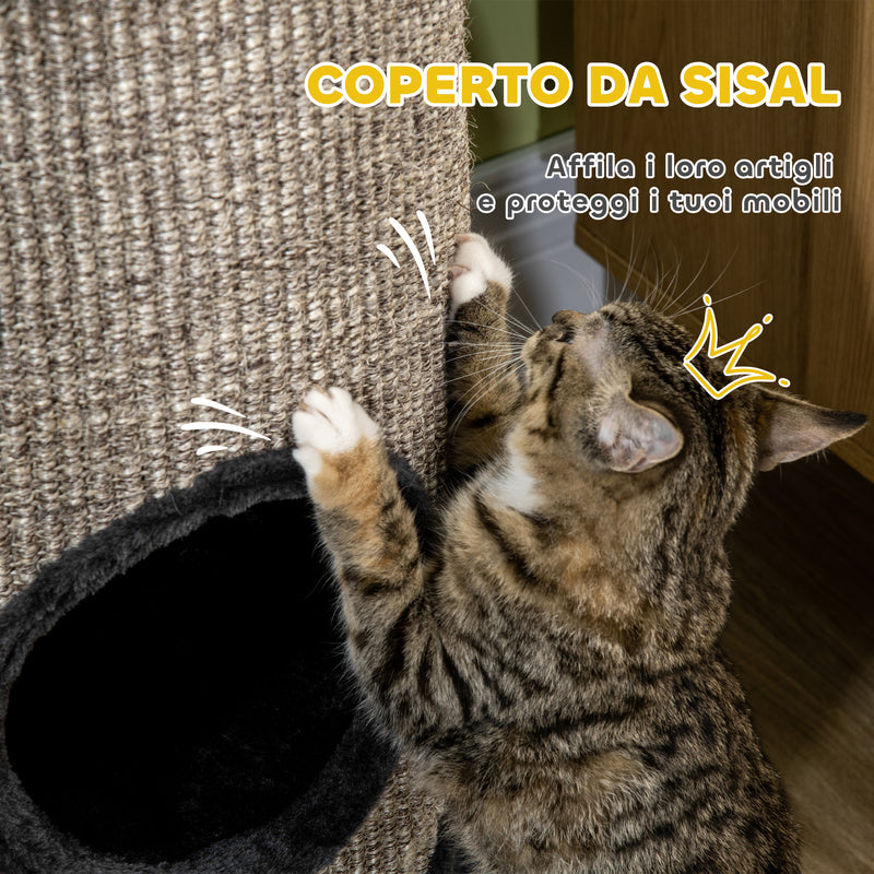 Cuccia per Gatti a 3 Livelli Ø38x70cm con Tiragraffi in Sisal e Peluche Grigio      