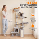 Albero Tiragraffi Multilivello per Gatti 78x40x152 cm con 4 Pali in Sisal Truciolare e Peluche Grigio Chiaro      