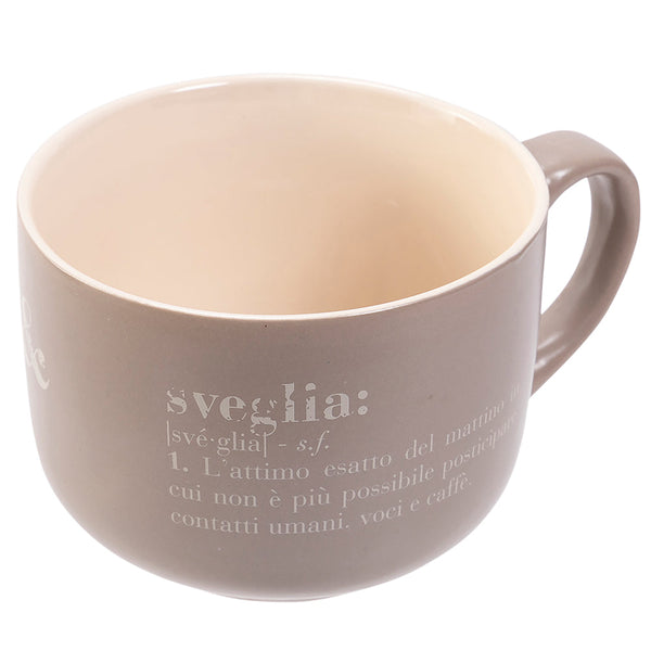 prezzo Tasse "réveil et bonjour" 11,5x8,5x6,8 cm en Gres VdE Tivoli 1996 Gris et Blanc