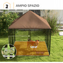Recinto per Cani con Porticina per Ciotole 141x141x151 cm in Metallo e Tessuto Oxford Nero e Marrone