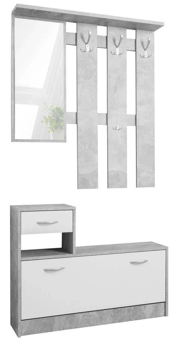 sconto Portemanteau d'entrée avec miroir et étagère à chaussures en Alfred Cemento et aggloméré blanc