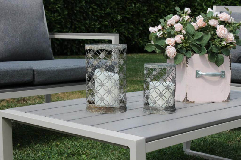 Set Salotto da Giardino Divano 2 Poltrone e Tavolino con Cuscini in Alluminio Tortora