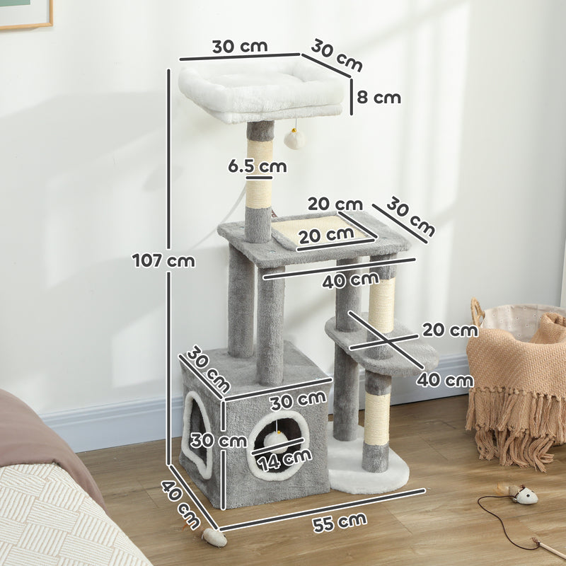 Albero Tiragraffi per Gatti con Casetta e 2 Palline 55x40x107cm Grigio e Bianco      