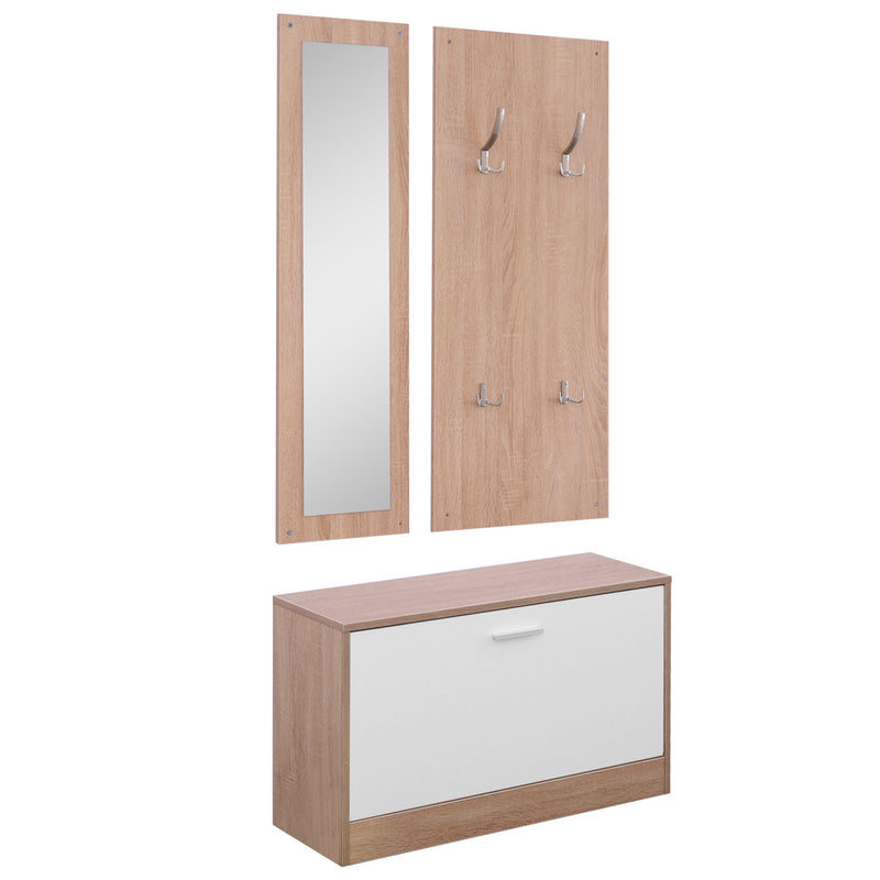 Set 3 Pezzi Scarpiera Appendiabiti Specchio da Ingresso in Legno 80x27x46.5 cm 