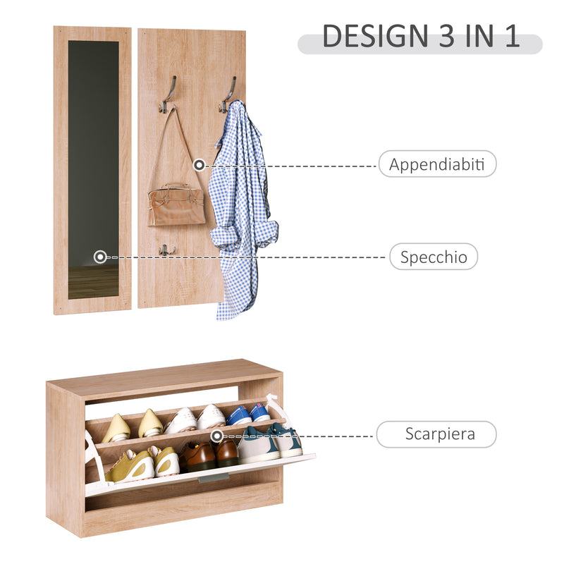 Set 3 Pezzi Scarpiera Appendiabiti Specchio da Ingresso in Legno 80x27x46.5 cm 