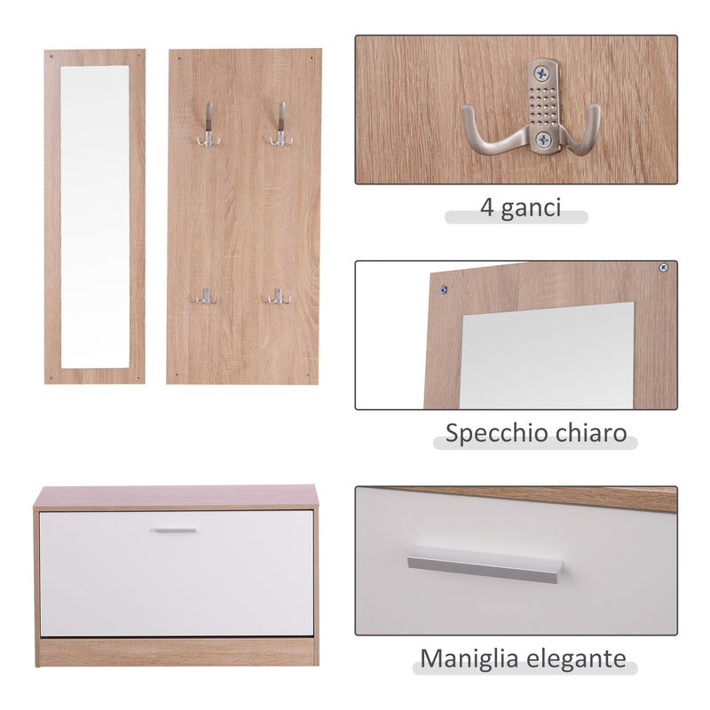 Set 3 Pezzi Scarpiera Appendiabiti Specchio da Ingresso in Legno 80x27x46.5 cm 
