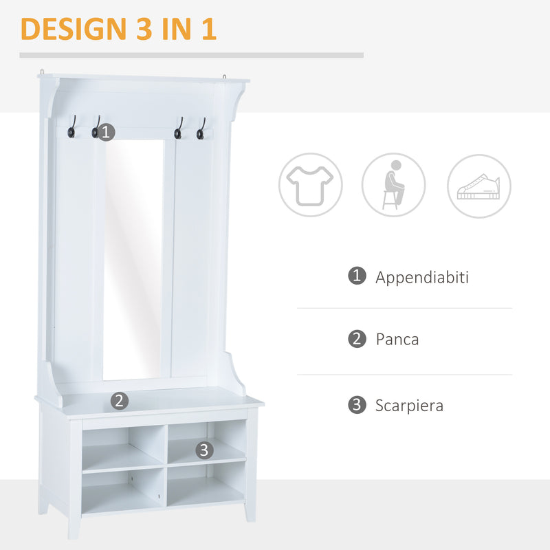 Mobile Ingresso con Appendiabiti Specchio e Scarpiera in Legno Bianco 80x40x170 cm 