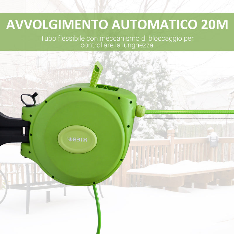 Rullo Avvolgitubo Riavvolgimento Automatico con Ugello Multifunzionale Giardino 20 Metri 