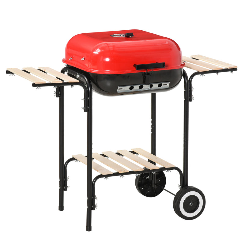 Barbecue a Carbone Carbonella con Coperchio e Ruote in Acciaio Rosso Nero 