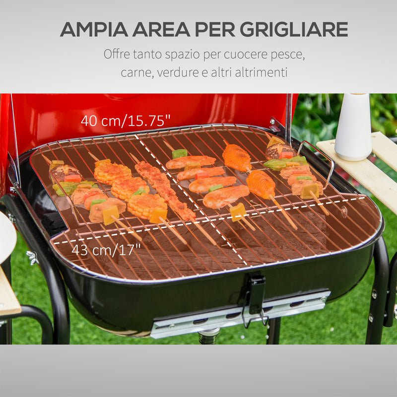 Barbecue a Carbone Carbonella con Coperchio e Ruote in Acciaio Rosso Nero 
