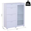 Mobiletto Cassettiera 4 Cassetti 3 Ripiani in Legno e Vetro Temperato Bianco 100x40x116.5 cm 