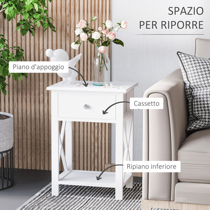 Comodino per Camera da Letto Tavolino d'Appoggio con Cassetto in Legno Bianco 40x30x55 cm 