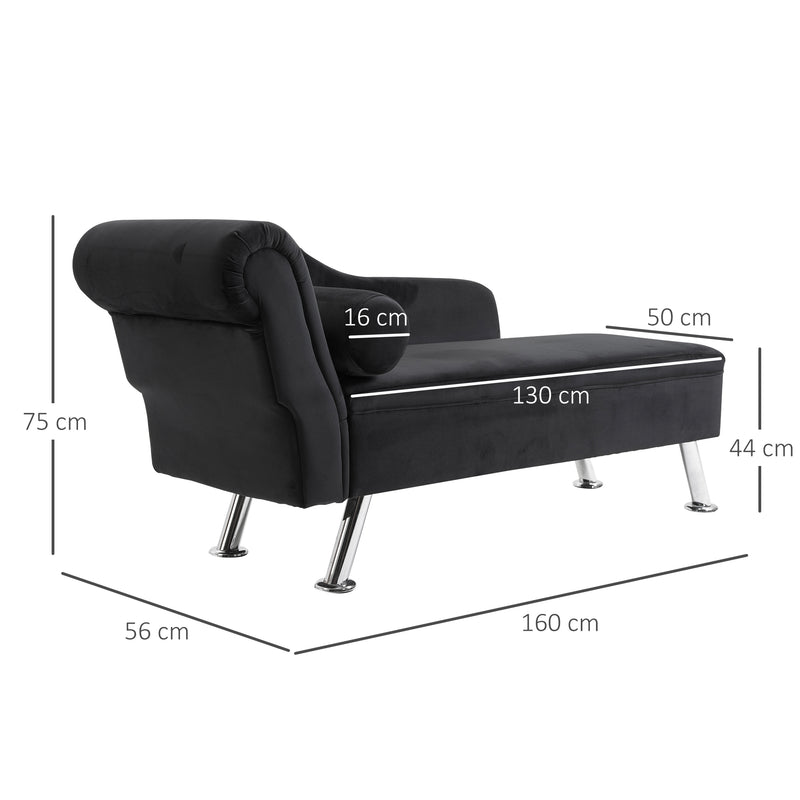Divano Chaise Longue con Cuscino Rotondo in Flanella Nero 160x56x75 cm 