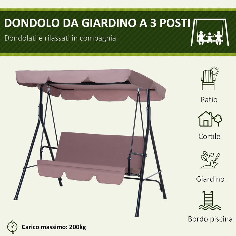 Dondolo da Giardino 3 Posti con Tettuccio Parasole Inclinabile in Acciaio Marrone 