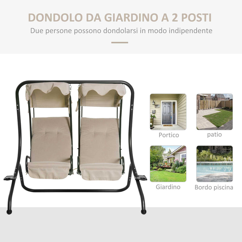 Dondolo da Giardino 2 Posti con Tettuccio Parasole e Vassoio Porta Bevande in Acciaio Beige 