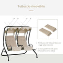 Dondolo da Giardino 2 Posti con Tettuccio Parasole e Vassoio Porta Bevande in Acciaio Beige 