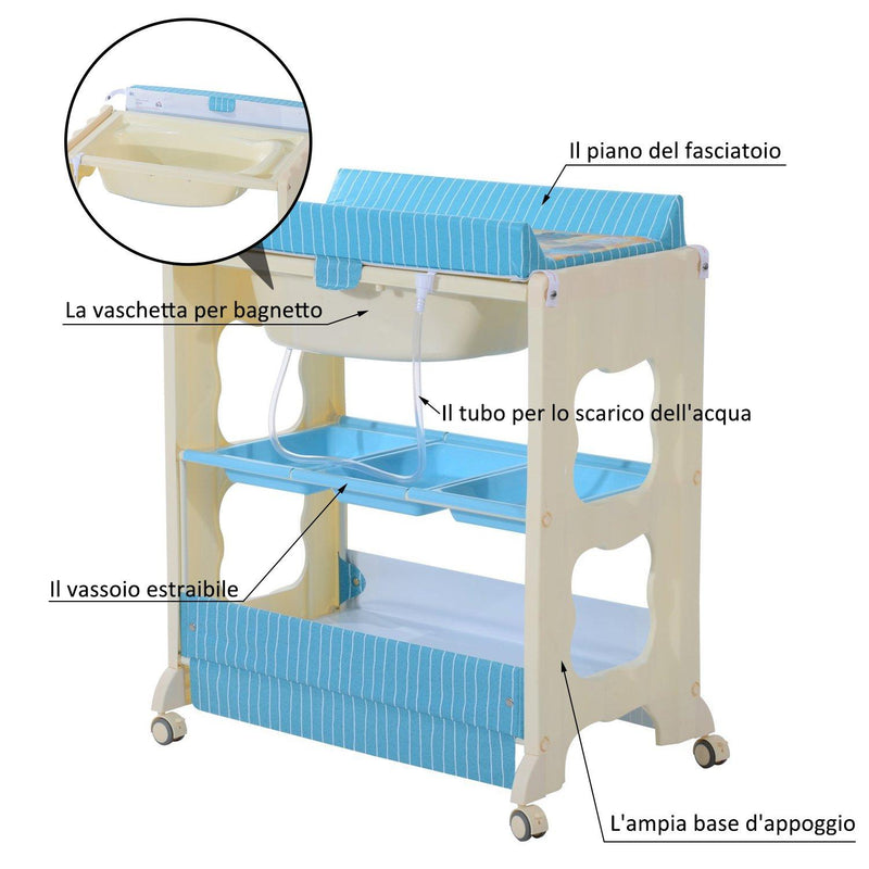 Fasciatoio con Vaschetta e Vani Portaoggetti in Plastica Atossica Blu 81x53x102 cm 