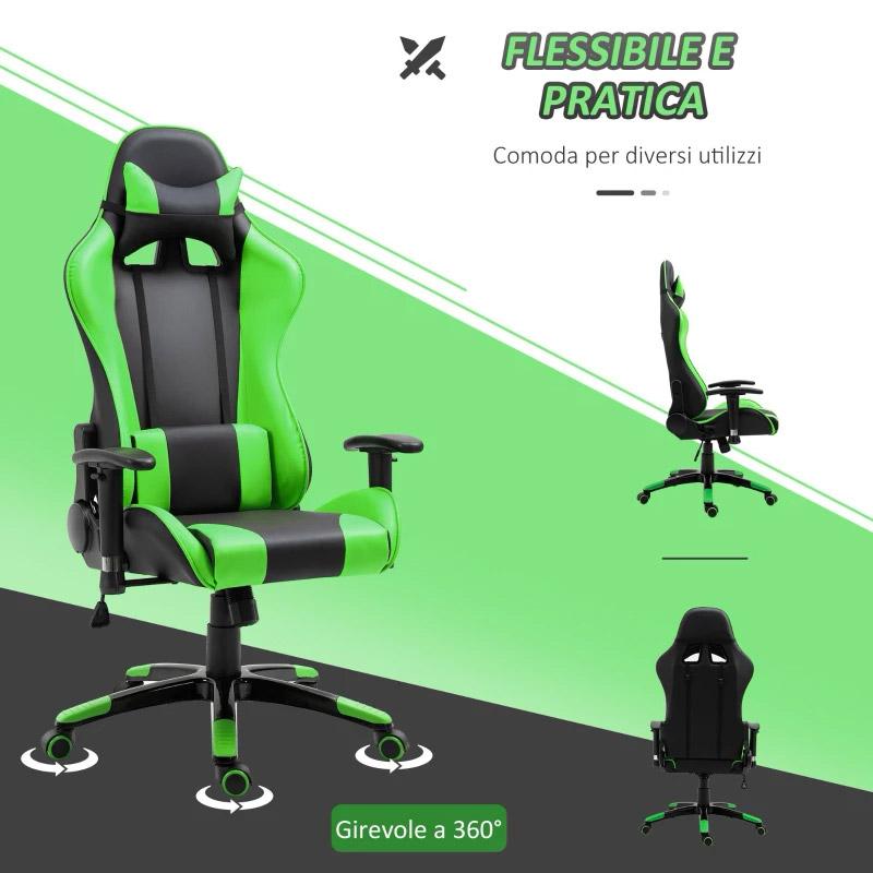 Sedia da Gaming Girevole Reclinabile in Similpelle Nero e Verde 
