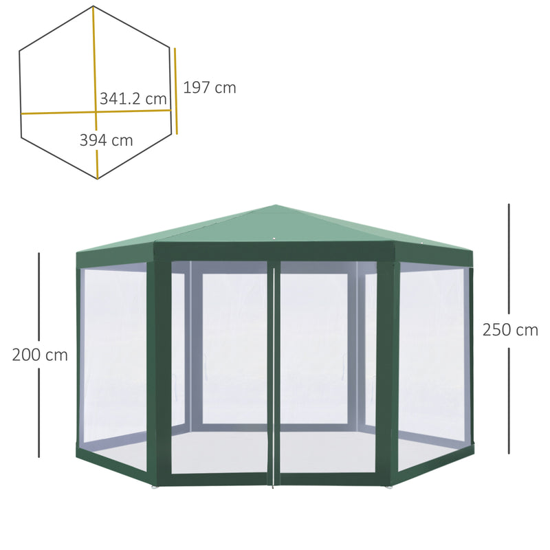 Gazebo Esagonale 3,9x2,5 m con Zanzariere in Ferro e Poliestere Verde 