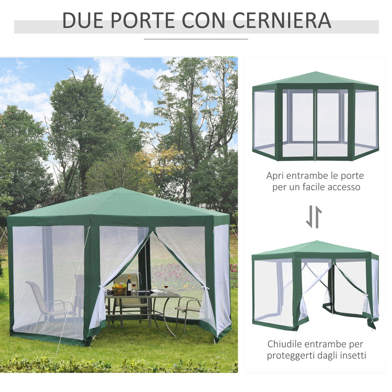 Gazebo Esagonale 3,9x2,5 m con Zanzariere in Ferro e Poliestere Verde 