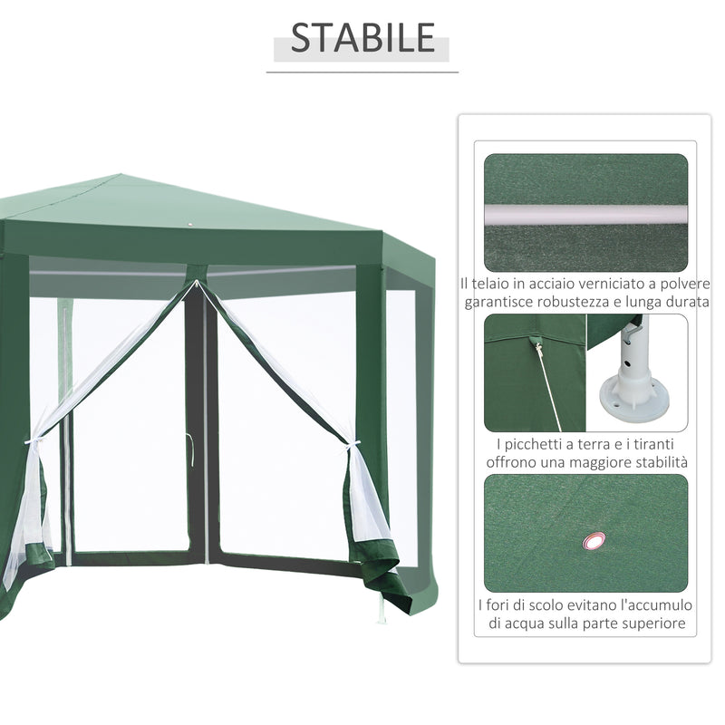 Gazebo Esagonale 3,9x2,5 m con Zanzariere in Ferro e Poliestere Verde 