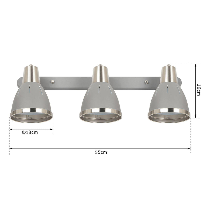 Plafoniera con 3 Faretti LED da Soffitto Orientabili in Metallo Cromato Grigio Ø13x16x55 cm 