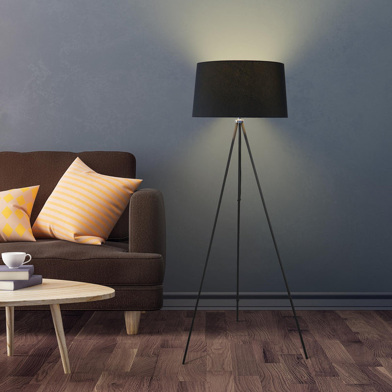 Lampada da Terra Treppiede in Metallo con Paralume in Lino Nero Ø48x156 cm 