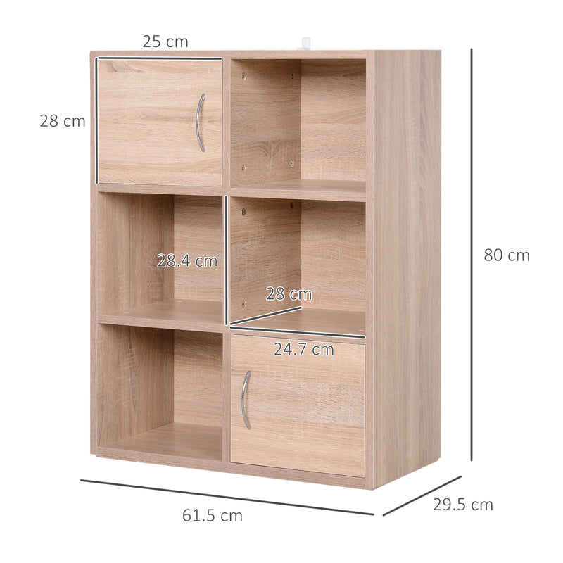 Libreria Scaffale in Legno a 3 Ripiani con 4 Scompartimenti e 2 ante Legno Naturale 61.5x29.5x80 cm 