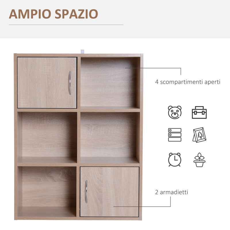 Libreria Scaffale in Legno a 3 Ripiani con 4 Scompartimenti e 2 ante Legno Naturale 61.5x29.5x80 cm 