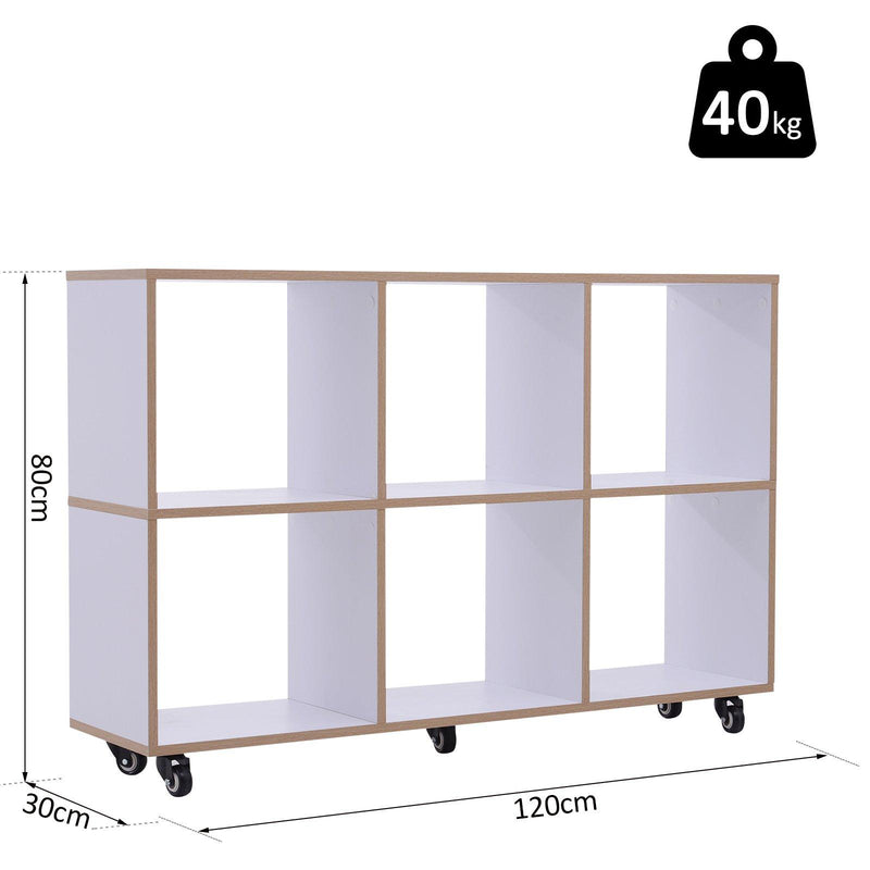 Libreria a 6 Scomparti Aperti con Rotelle in Legno Bianco 120x30x80 cm 